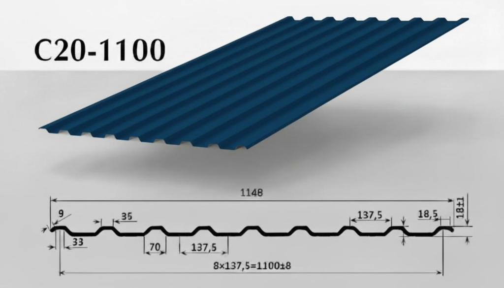 Профилированный лист С20 (МП20) от завода ВекторСталь RAL5002