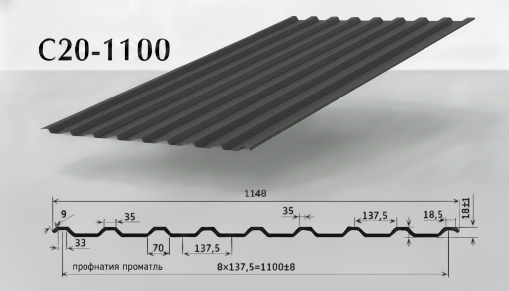 Профилированный лист С20 (МП20) от завода ВекторСталь RAL7024
