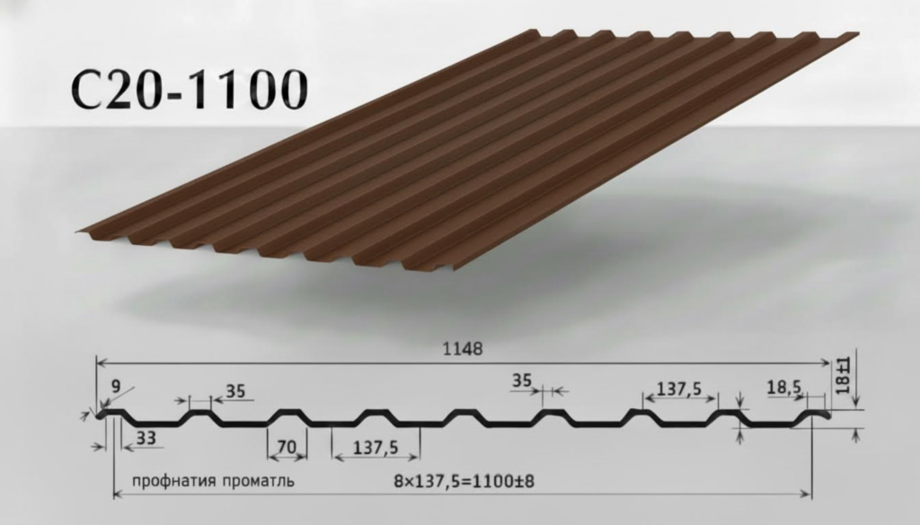 Профилированный лист С20 (МП20) от завода ВекторСталь RAL8017