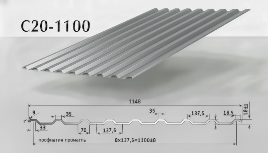 Профилированный лист С20 (МП20) от завода ВекторСталь RAL9006